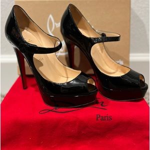 Authentic Christian Louboutin Patent Leather Zeppa Peep Toe Platform Pumps 120mm